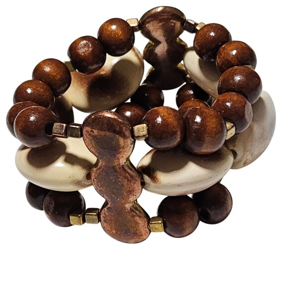 Handmade Wood Beaded Stretch Bracelet Wooden Cream Beads Fashion Jewelry Women - Picture 1 of 4